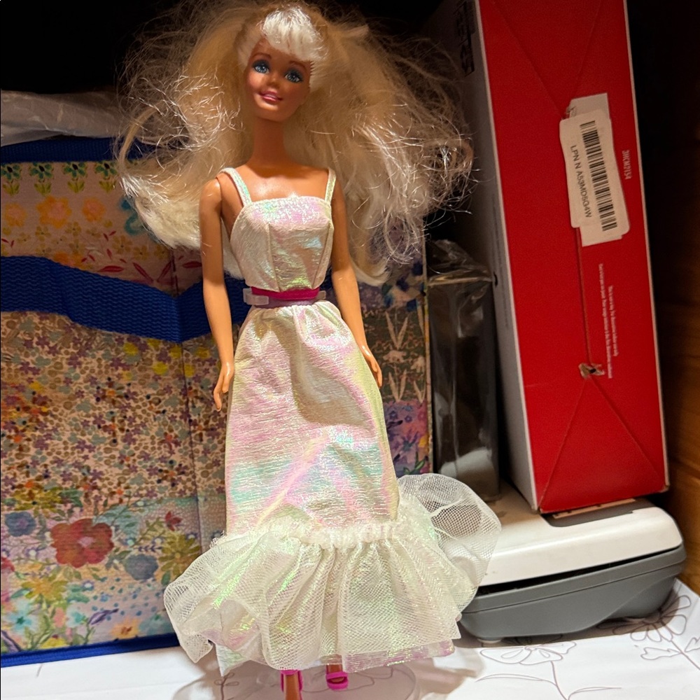 Barbie Doll in White Dress with Pink Shoes